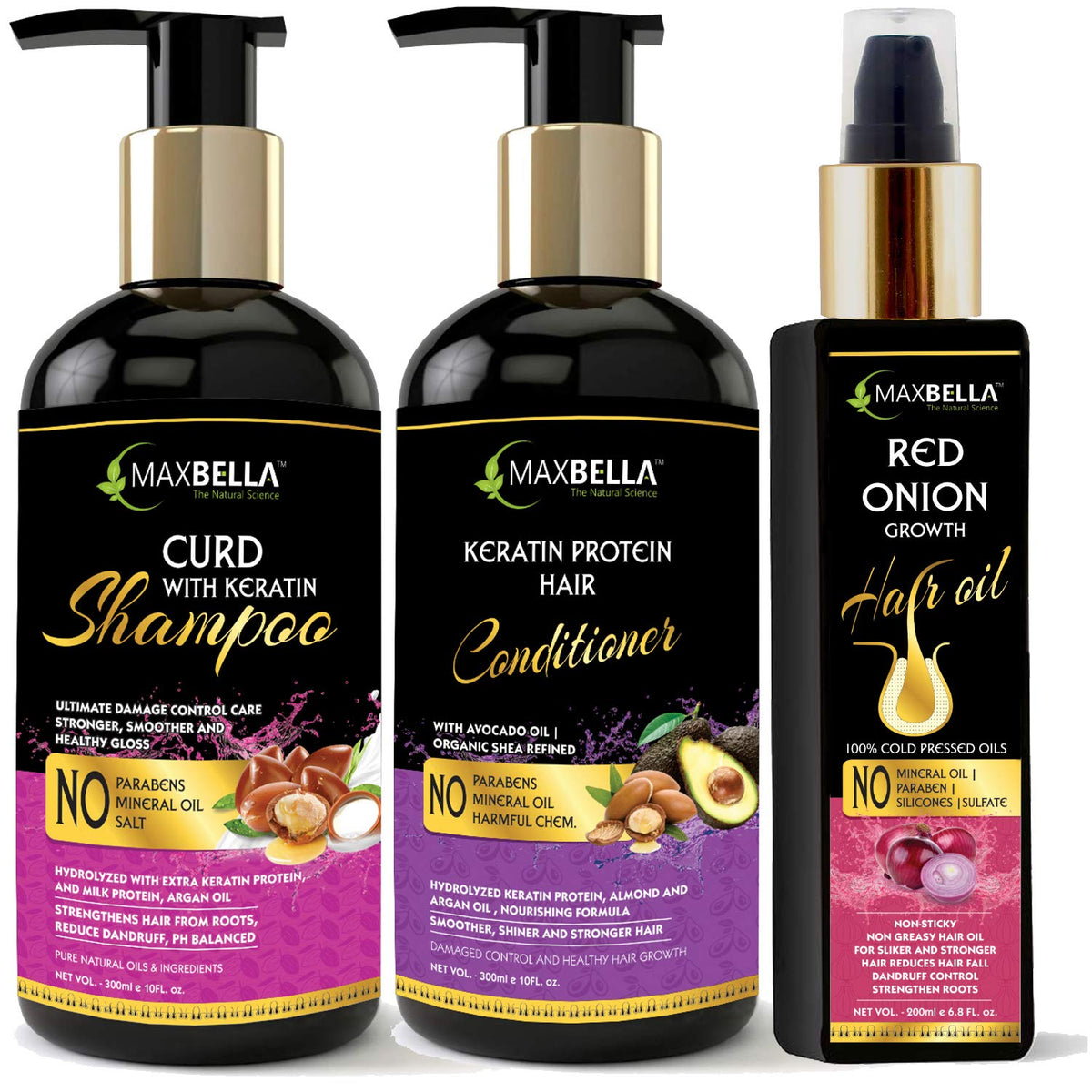 Curd With Keratin Protein Hair Shampoo 300ml,Keratin Hair Conditioner 300ml & Red Onion Hair Oil 200 ml Combo (3 Items in the set)