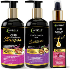 Curd With Keratin Protein Hair Shampoo 300ml,Keratin Hair Conditioner 300ml & Red Onion Hair Oil 200 ml Combo (3 Items in the set)